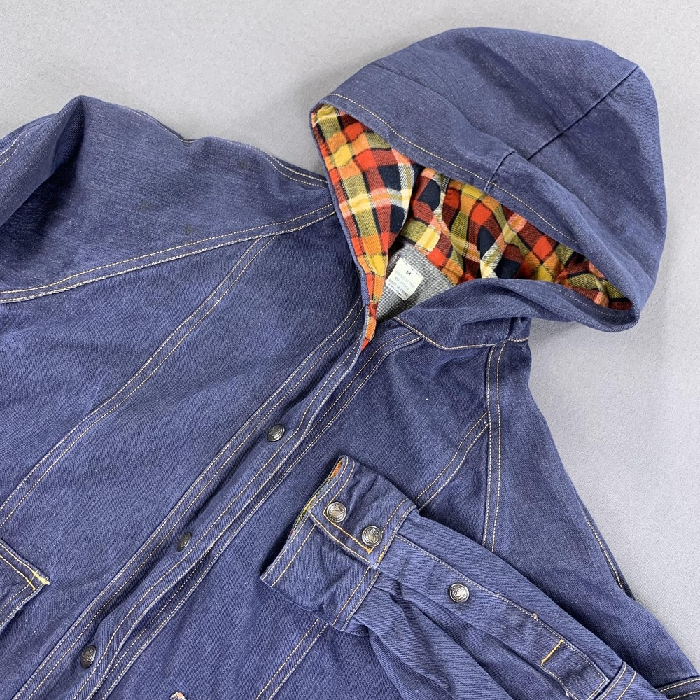 Hooded Denim Jacket Mens M Blue Flannel Lined Workwear Snap Pockets Chore Anorak